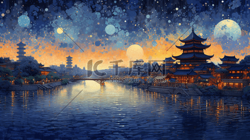 繁荣的中国古代城镇夜景插画17