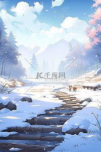 雪景雪山插画图片_插画海报冬天唯美雪景手绘