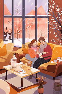 温暖室内情侣手绘插画冬天