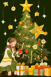 红色糖果插画图片_圣诞节女孩圣诞树卡通手绘元素