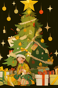 红色糖果插画图片_卡通圣诞节圣诞树女孩手绘元素