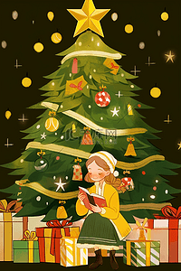 红色糖果插画图片_圣诞节圣诞树女孩手绘卡通元素