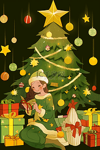 礼盒装饰插画图片_手绘圣诞节圣诞树女孩卡通元素