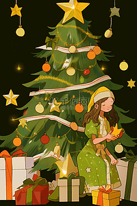 红色糖果插画图片_圣诞树女孩卡通圣诞节手绘元素