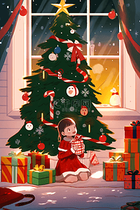 盘腿坐插画图片_新年圣诞可爱女孩礼物手绘插画海报