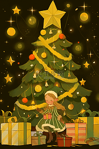红色糖果插画图片_圣诞节女孩卡通手绘圣诞树元素