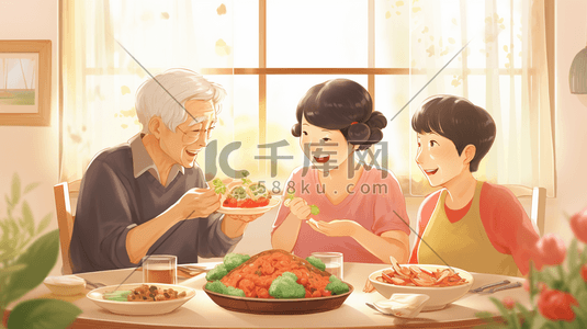 人物爸爸妈妈插画图片_爸爸妈妈女儿一家人开心用餐美食聚餐人物插画