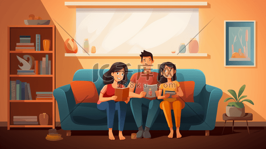 亲子阅读国际家庭日手绘插画一家人一起看书休闲场景