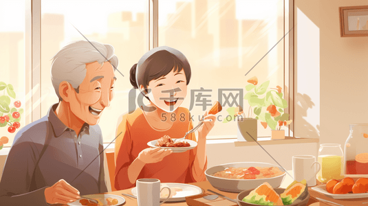 父亲和女儿一起开心用餐人物插画AI作品AIGCAI绘画AI
