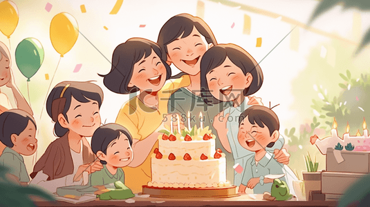 几何方框插画图片_大人孩子在生日蛋糕前过生日几何插画风