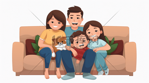 父母孩子客厅沙发亲子一家人欢聚时光阖家欢乐爸爸妈妈插画人物