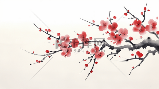 中国风红色水墨画梅花插画树枝手绘冬天冬季