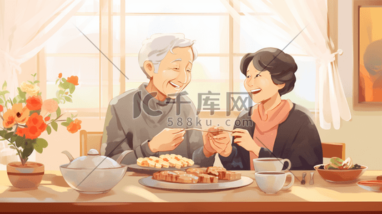 老年夫妻开心用餐和睦恩爱人物插画