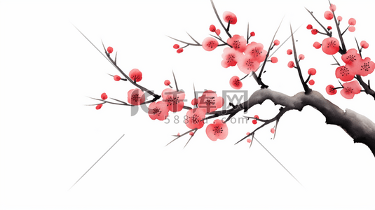 中国风红色水墨画梅花插画树枝手绘