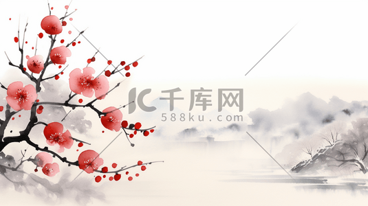 中国风红色水墨画梅花插画冬天冬季