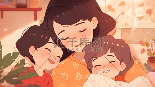 淘宝亲子装插画图片_2024母亲节与母亲拥抱与孩子拥抱亲子海报背景