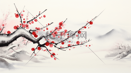中国风红色水墨画梅花手绘插画冬天冬季含苞欲放