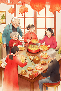 桌子盘插画图片_一家人团圆包饺子新年手绘插画