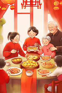 古典桌子插画图片_一家人新年团圆包饺子手绘插画