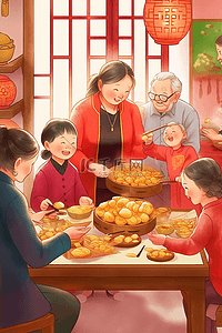 古典桌子插画图片_新年一家人团圆包饺子手绘插画
