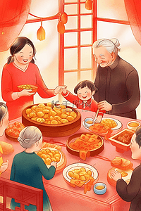 桌子盘插画图片_手绘新年一家人团圆包饺子插画
