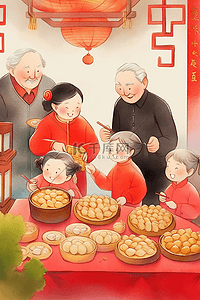 桌子盘插画图片_新年团圆包饺子一家人手绘插画