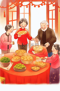桌子盘插画图片_新年一家人团圆插画包饺子手绘