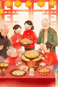 桌子盘插画图片_新年一家人手绘团圆包饺子插画