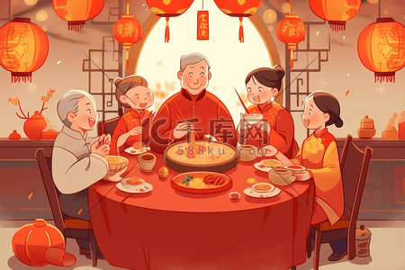 扇插画图片_团圆新年聚餐手绘插画海报