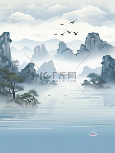 浅蓝插画图片_雾中山水飞翔的白鹭10