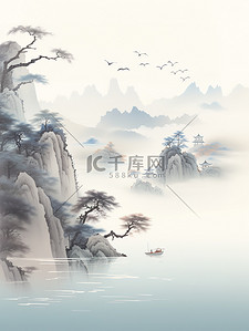 浅蓝插画图片_雾中山水飞翔的白鹭8