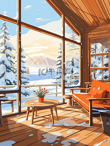 窗外阳光插画图片_温暖木屋窗外雪景11