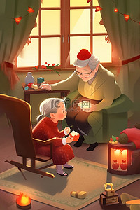 红色拖鞋插画图片_新年插画海报老人孩子室内手绘