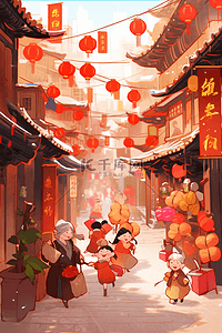 新年快乐高清图插画图片_手绘插画新年逛集市热闹