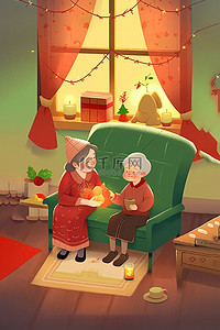 红色拖鞋插画图片_新年手绘老人孩子室内插画海报