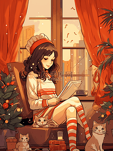 看书的猫插画图片_灯光下看书的女孩插画5