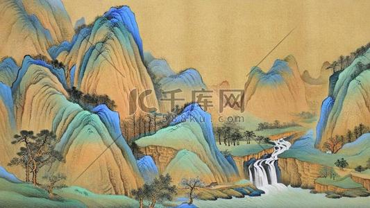 绿色磨砂纹理插画图片_肌理磨砂质感山水国画千里江山图