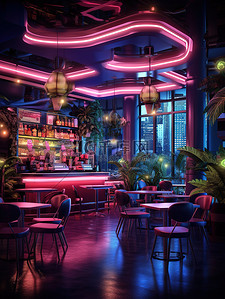 霓虹灯下的现代复古风格咖啡馆15