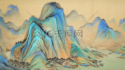 金属质感边框插画图片_肌理磨砂质感山水国画千里江山图