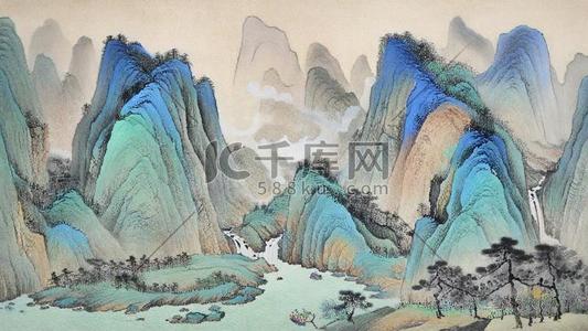 磨砂插画图片_肌理磨砂质感山水国画千里江山图