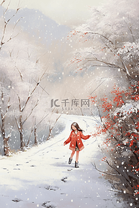 下雪道路插画图片_冬天下雪女孩手绘跳舞插画