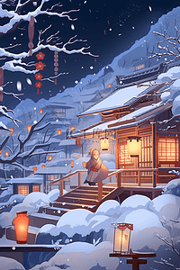 下雪冬天木屋手绘插画海报