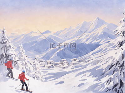 休闲运动插画图片_冬季运动滑雪场插画旅游周末休闲