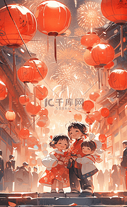 春节海报插画图片_春节新年热闹的集市手绘场景