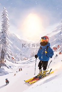 周末休假插画图片_冬季运动滑雪场插画旅游周末休闲