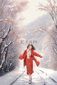 下雪道路插画图片_下雪女孩跳舞手绘插画冬天