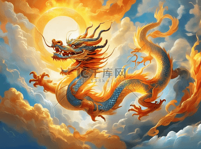 红色天空天空插画图片_中国龙霞光四射龙腾飞翔天空云雾金色红色