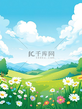 春天蓝天白云草地花朵元素7