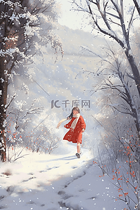 下雪道路插画图片_冬天下雪手绘插画女孩跳舞