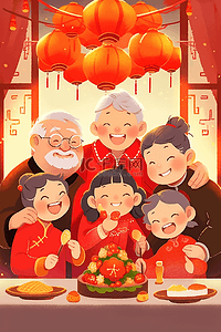 新年一家人手绘团聚祥和插画